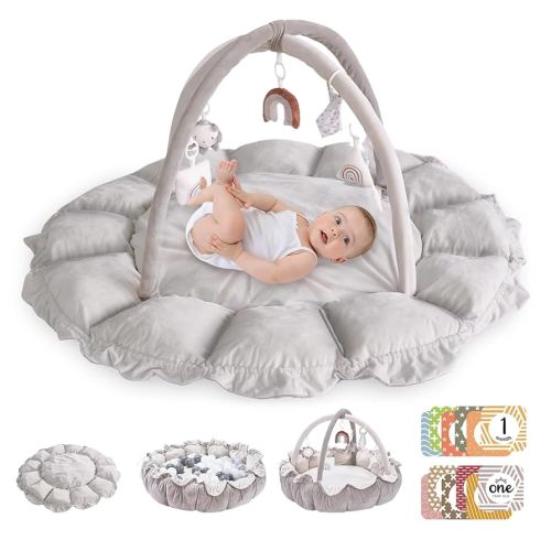 5-in-1 Convertible Baby Play Gym with 6 Toys, Tummy Time Mat for Sensory Development, Baby Activity Center from Newborn to Toddler, Ball Pit, Cat & Dog Bed, Soft Plush Pet Bed, No Ball Included