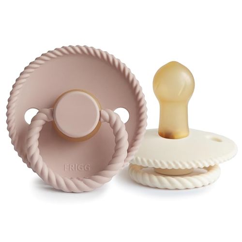 FRIGG Rope Natural Rubber Baby Pacifier | Made in Denmark | BPA-Free (Blush/Cream, 0-6 Months)