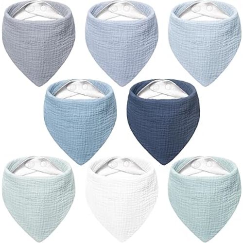 Bearmoss Muslin Baby Bibs 8 Pack Soft Bandana Bibs for Drooling & Teething, Absorbent Burp Cloths with Adjustable Snaps