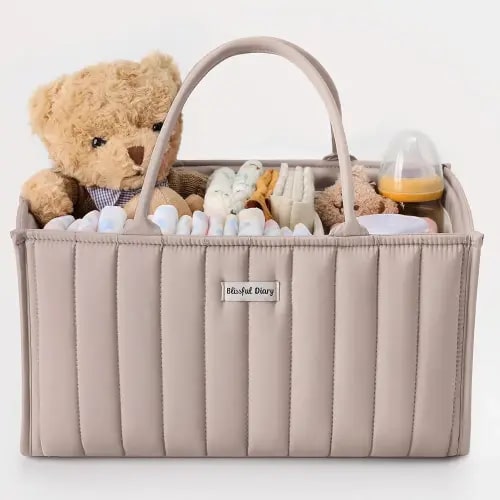 Blissful Diary Baby Diaper Caddy Basket, Baby Shower Caddy for Newborn Boys or Girls, Baby Diaper Caddy Organizer - Baby Gift Registry for Newborn Baby and Baby Must Haves Essentials - Sand