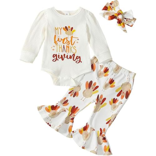 Twopumpkin My First Thanksgiving Baby Girl Outfit Newborn Turkey Romper Bell Bottoms 1st Thanksgiving Clothes - 0-3 Months - My First Thanksgiving Turkey White