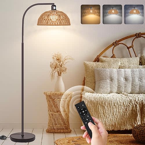 Boho Floor Lamp with Remote- Bronze Floor Lamps with Stepless Dimmable Bulb, Remote Control, Hand-Worked Adjustable Rattan Lamp Shades, Brown Rattan Standing Lamp for Living Room, Bedroom, Office