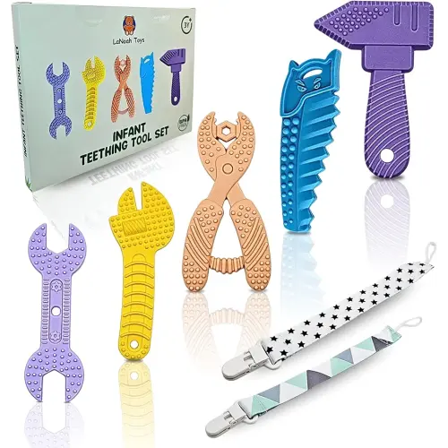 Infant Teething Tools Set: Includes 2 Clips! Soft BPA Free Teething Toys, 5 Piece Construction Set, Baby Boy Essentials Einstein, Gift for Infant Toddler Boy Girl