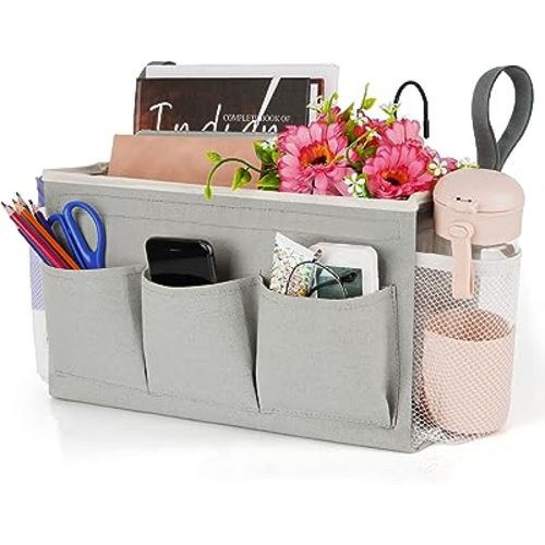 Bedside Storage Organizer with Fixed Straps and Water Bottle Holder for Home, College, Dorm, Bunk / Hospital Bed, Crib Bed Rails (Grey)