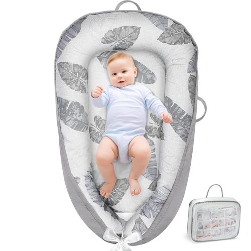 URMYWO Baby Lounger - Baby Lounger For Newborn, Breathable & Soft Baby Nest Cover Co Sleeping for baby 0-24 Months, Babies Essentials Gifts, Portable Infant Lounger Baby Floor Seat for Home and Travel - Grey Feather