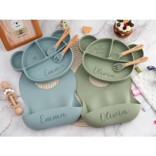 Personalized Silicone Baby Weaning Set, Baby Plate Set with Name, Engraved Silicone Bib for Toddler, Baby Feeding Set, Baby Shower Gifts