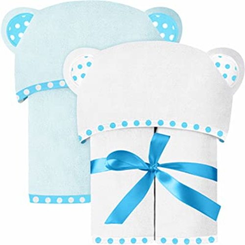 Set of 2 Hooded Baby Towels – White and Blue – Luxurious, Large and Super Absorbent – 35 x 35 Inch – Soft and Suitable for Infants, Toddlers and Kids – 400 GSM