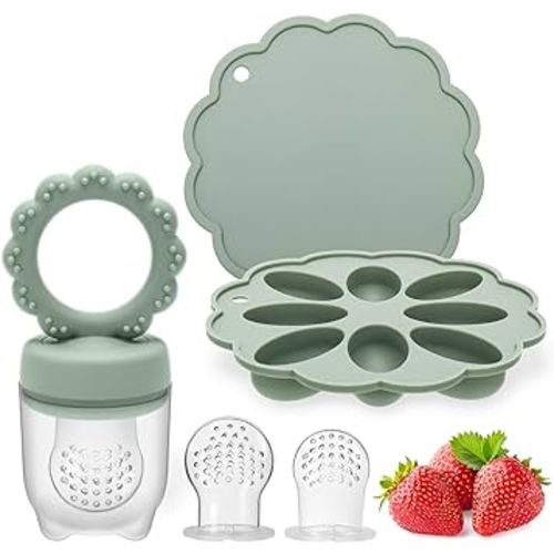 Silicone Baby Food Feeder + Freezer Tray, Baby Fruit Feeder with Teething Popsicle Molds, Double as Teether Toys for Teething Relief
