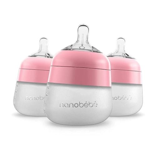 Nanobébé Flexy Silicone Baby Bottle, Anti-Colic, Natural Feel, Non-Collapsing Nipple, Non-Tip Stable Base, Easy to Clean 3-Pack, Pink, 5 oz - 5 Ounce 3-Pack