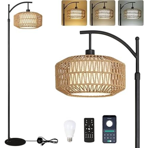 Arc Floor Lamps for Living Room, Dimmable Rattan Floor Lamp with Remote & LED Bulb, Mid Century Modern Standing Lamp with Double Shades, Boho Farmhouse Tall Pole Lamps for Bedroom Office