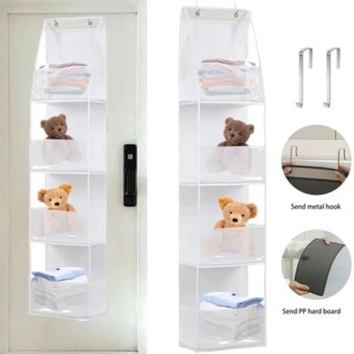 OhhGo Over The Door Hanging Pantry Organizer 4-Shelf Behind The Door Storage Organizer with Clear Plastic Pockets Large Capacity for Closet Bedroom Bathroom (White)