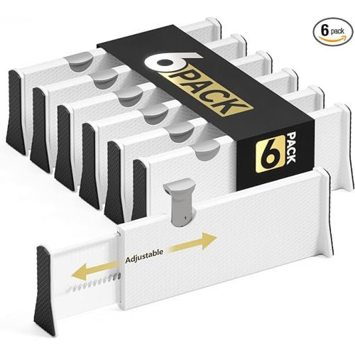 Drawer Dividers Organizer 6 Pack, Adjustable Separators 4" High Expandable from 11-17" for Bedroom, Bathroom, Closet, Clothing, Office, Kitchen (White, 6 PACK)