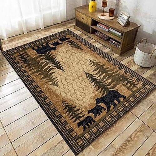 Cabin Bear Area Rug for Bedroom, 5x7ft, Pine Rustic Lodge Indoor Throw Rug, Washable Easy Clean Home Decor Carpet, Breathable Durable with Non Slip Backing Rugs for Office Porch