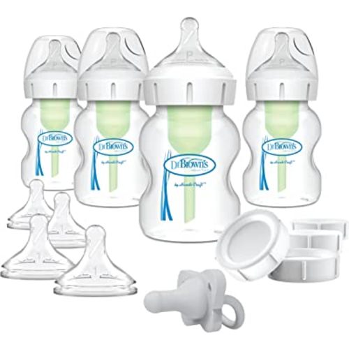 Dr. Brown’s Natural Flow® Anti-Colic Options+™ Wide-Neck Breast to Bottle Pump & Store Feeding Set with Slow Flow Nipples, Baby Bottle Travel Caps and 100% Silicone HappyPaci™ One-Piece Pacifier