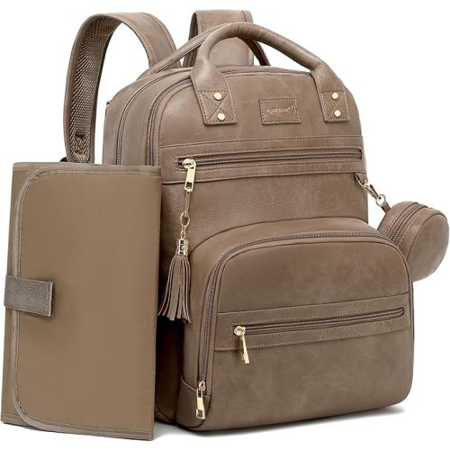 Premium Vegan Leather Diaper Bag Backpack with Waterproof Changing Pad, Reinforced Zippers & Odor-Free, 20 Pockets Pro Organizer, Fits 15.6" Laptop, Stroller Straps, Baby Bag for Mom, Taupe