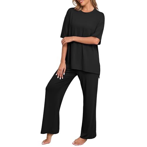 PrinStory Womens Pajamas Sets 2 Piece Lounge Set Short Sleeve Tops and Long Pants Soft Pjs Loungewear with Pockets