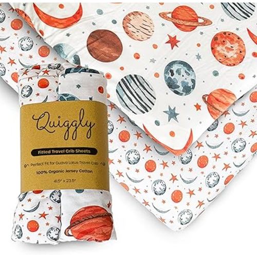 Quiggly Travel Crib Sheets for Guava Lotus, 2 Pack Organic Cotton Jersey Knit, Space, Planet & Star Patterns - Fits Travel Crib Mattress for Boys & Girls