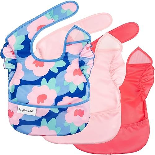 Tiny Twinkle Mess-Proof Baby Bibs for Eating | Waterproof, Wipeable Toddler Bibs with Catch-All Pocket | Feeding Bibs for Girls & Boys(3 Pack,Blue Floral)