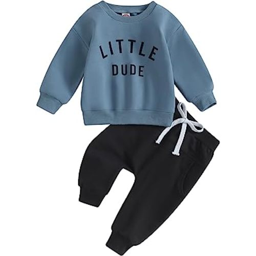 Baby Toddler Boys Fall Winter Outfits Little Dude Letter Printed Long Sleeve Sweatshirts Pants 2Pcs Clothes Set