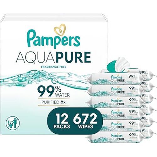 Pampers Aqua Pure Baby Wipes, 99% Water, Fragrance Free, 336 Baby Wipes Total (6X Flip-Top Packs) [Packaging May Vary]