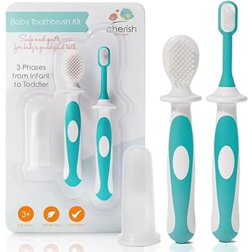 Cherish Baby Care Award-Winning Baby Toothbrush Set (3-24 Months) - Baby Finger Toothbrush, Training Toothbrush & Toddler Toothbrush - BPA-Free Infant Toothbrush Set, Baby First Toothbrush Set (Teal)