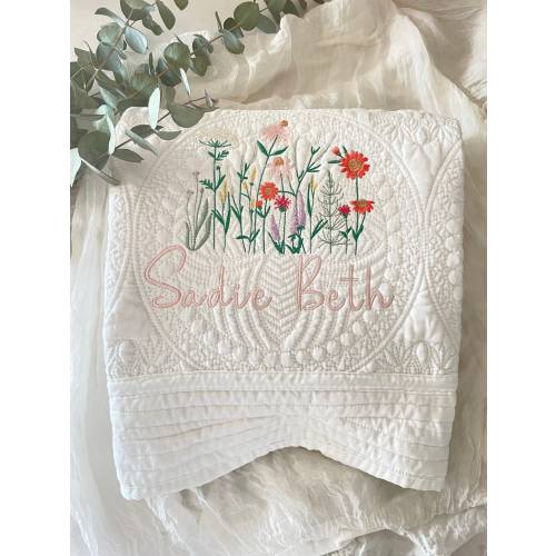 Wildflower Nursery Baby Quilt Blanket Heirloom Embroidered Blanket Flowers Personalized Baby Blanket Baby Shower Gift Pregnant Mom Gift