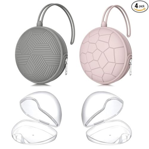 4 Pack Pacifier Holder Case Set,2 Silicone Portable Pacifier Cover Pouch Bag for Diaper Bags Baby Carriage with 2 Transparent Pacifier Storage Container Box,Easy to Clean,(Pink & Grey)