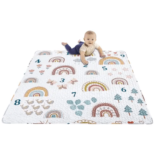 Boho Rainbow 50x50 Play Mat for Playpen, Washable Portable Baby Floor Playmat, Non Slip Foldabe Infant Crawling Mats, Tummy Time Mat Pad for Toddlers Baby Play Pen Mats for Home Or Travel