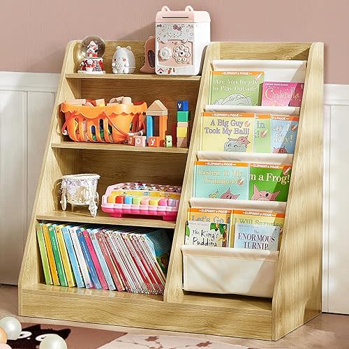 4-Tier Kids Wooden Bookshelf with Toy Organizer Books Sling Display Shelves, 32”L x 16”D x 32”H Toddler Book Shelf, Nursery Bookshelves Childrens Bookcase Baby Kids Bookshelf for Kids Rooms