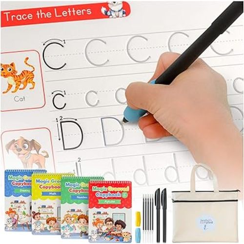 Magic Grooved Writing Practice for Kids – Reusable Grooved Handwriting Workbooks for Kids Workbook Ages 3-5, 6-8 & 8-10, Disappearing Ink & Carry Bag Letter Tracing Book, Alphabet Writing Practice Kit