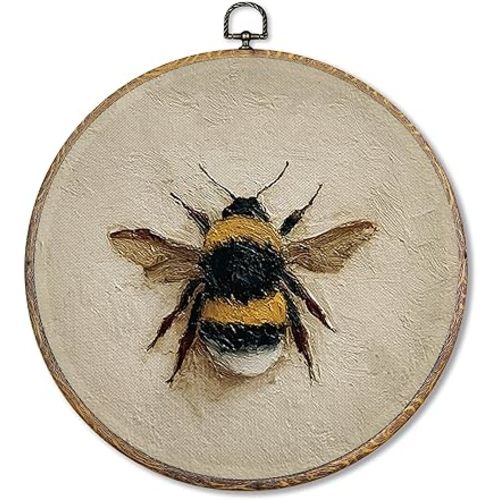 Sufamb Vintage Bee Round Wall Art Decor, Retro Cottagecore Bumblebee Canvas Artwork Framed, Rustic Nature Bee Wall Hanging Prints Decorations for Home Bedroom Living Room Decor, 10x10 Inches