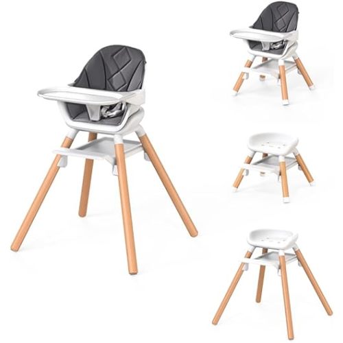 High Chair, High Chairs for Babies and Toddlers, Baby High Chair for Eating, 6 in 1 Easy Clean Highchair with Removable Double Tray and Reversible Footrest, Wooden Legs, Grey