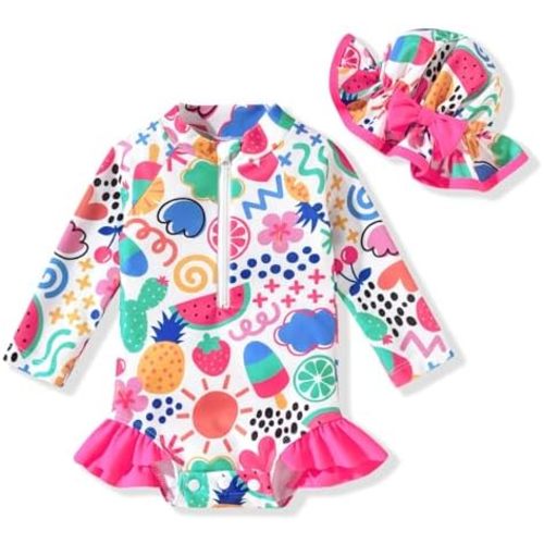 Aalizzwell Baby Girls Long Sleeve One Piece Swimsuit with Hat