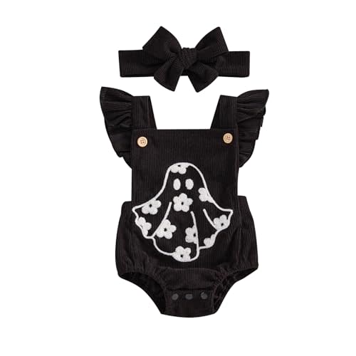 Newborn Baby Girl Halloween Outfit Ruffle Fly Sleeve Ghost Embroidery Romper Corduroy Bodysuit Headband 0-18M