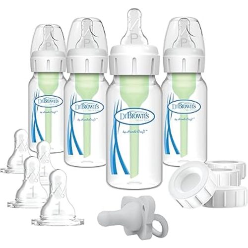 Dr. Brown's Anti-Colic Breast to Bottle Feeding Set with Slow Flow Nipples, Travel Caps, and Silicone Pacifier - Gray