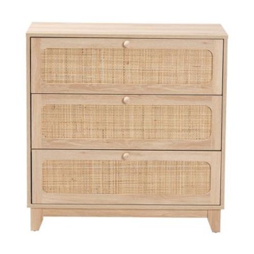 Elsbeth Wood and Natural Rattan 3 Drawer Storage Cabinet Oak Brown/Natural Brown - Baxton Studio