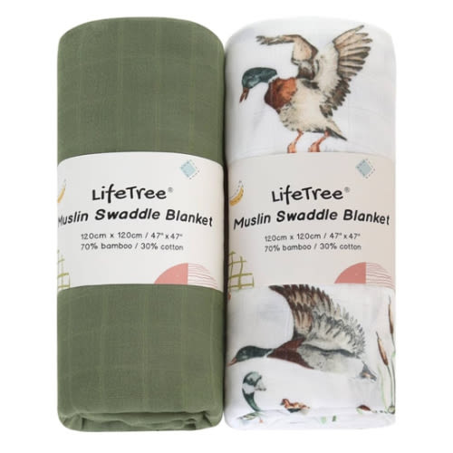 LifeTree Muslin Swaddle Blankets, Baby Swaddling Wrap Nursery Receiving Blanket for Boys & Girls, 70% Viscose from Bamboo and 30% Cotton, Large 47 x 47 inches Mallard Duck/Olive Green