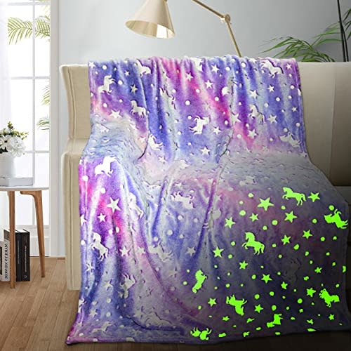 Unicorn Glow in The Dark Blanket for Girls/Kids Age 3-12, Soft Fleece Throw - 40"x60"
