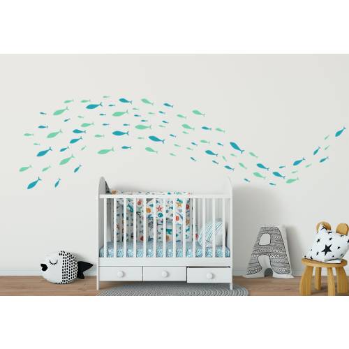 Fish Vinyl Wall Decals, Shoaling Schooling Nursery, Swimming Nature Pattern, Nautical Beach Stickers, Scandinavian, Girls Boys Room