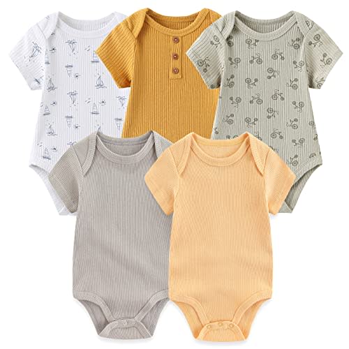 MAMIMAKA Newborn Baby Short Sleeve Bodysuit Cotton One-Piece Baby Clothes 5-Pack, 0-12 Months