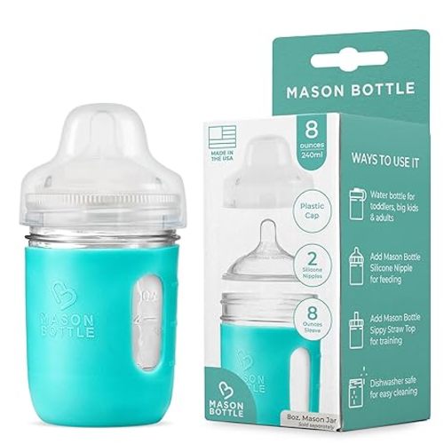 Mason Bottle Glass Baby Bottle Kit – Fits 8oz Mason Jars – Includes 2X Slow Flow Nipples, Silicone Sleeve, and Cap