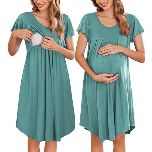 Ekouaer Nursing Nightown Labor and Delivery Gown for Hospital Pleated Breastfeeding Dress Short Sleeve Maternity Sleepwear