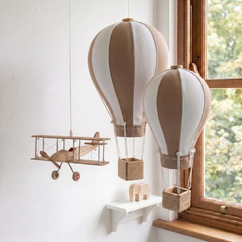 Fabric Hot Air Balloons & Wooden Airplane – Beige Cream Nursery Hanging Decor Set Aviation Theme