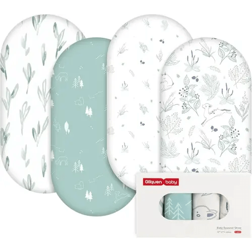 Gllquen Baby Bassinet Sheets 4 Pack, Breathable Cozy Fitted Mattress Sheet, Elastic Travel Crib Fashionable Pattern, Standard Cradle Safe Sheets for Baby Boys Girls 32"x16"(Forest Deer)