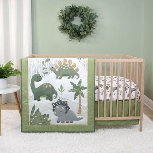 The Peanutshell Baby Crib Bedding Set for Boys, Dinosaur Nursery Decor, Sage Green, Crib Comforter Set