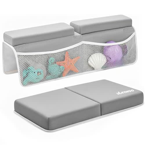 UBRAVOO Baby Bath Kneeler with Elbow Rest Pad, Non-Slip Foam Mat, Quick-Drying Cushion, Foldable Bathtub Support with Toy Storage Pockets for Parents (Gray)
