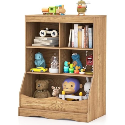 LDAILY Kids Bookshelf, Kids Bedroom Furniture with 4 Cubes, 1 Open Compartment, Nursery Bookcase with Anti-Tipping Device and Tabletop, Toddler Toy Storage Organizer for Playroom, Bedroom (Natural)