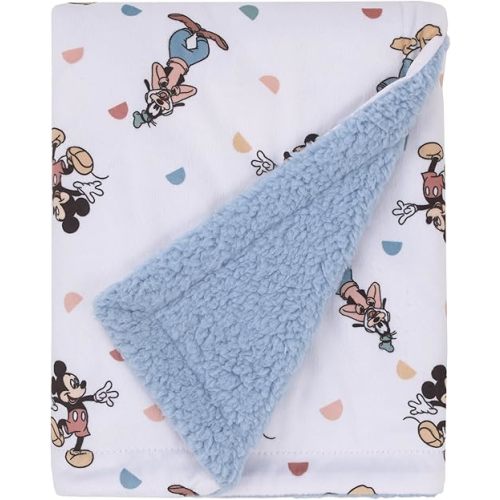 Disney Mickey Mouse Light Blue, White, and Tan Super Soft Sherpa Baby Blanket with Donald Duck, Goofy and Pluto