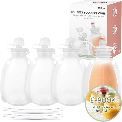 Silicone Reusable Baby to Kids Food Pouches with Straws | Pack of 4 + 2 Straws | Leakproof Squeeze Pouches | Dishwasher, Microwave, Freezer Safe | Bonus Baby Food Recipes E-Book | 130 ml (4oz)