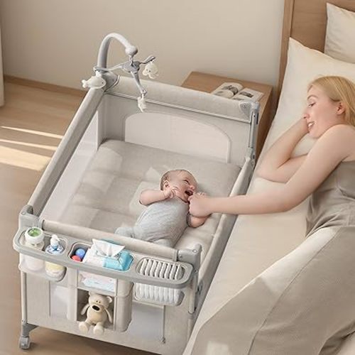 4 in 1 Baby Bassinet, Pack and Play, Bedside Crib Sleeper, Diaper Changer, Quickly Assembled and Folded Portable Crib with Mattress and Mosquito Net, Easy to Carry